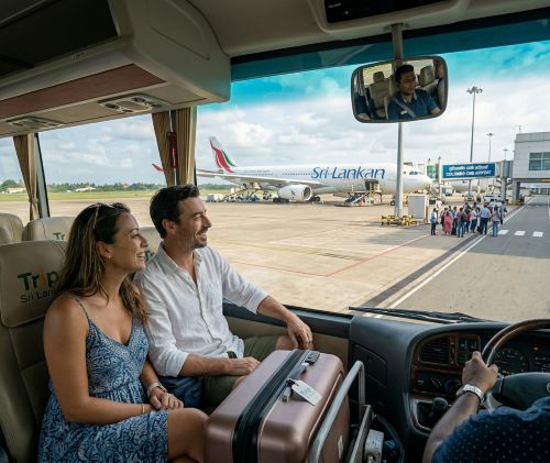 Travelers inside a private shuttle look out the window at a SriLankan Airlines airplane parked on the tarmac at Colombo Airport.