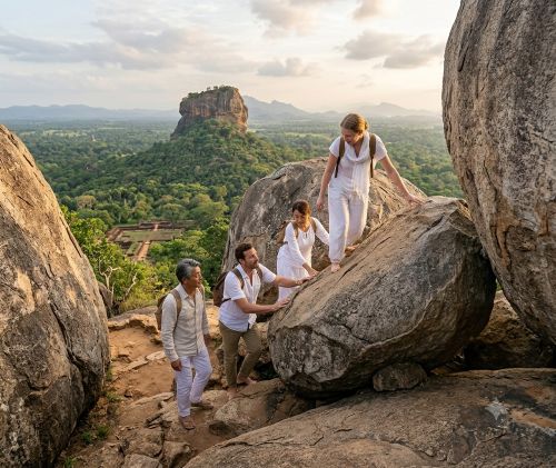 A group of travelers wearing white clothing scrambles over large boulders near the rugged summit of Pidurangala Rock.
