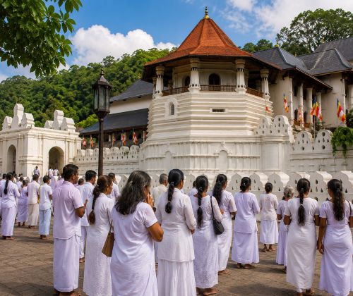 Devotees dressed in white offering prayers at the Temple of the Sacred Tooth Relic in Kandy, Sri Lanka