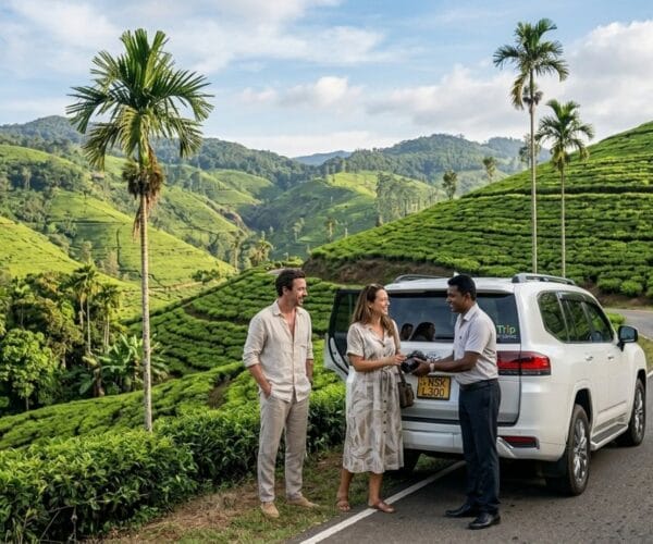 A happy couple on a private tour enjoy fresh fruit during a roadside break with their chauffeur in rural Sri Lanka.