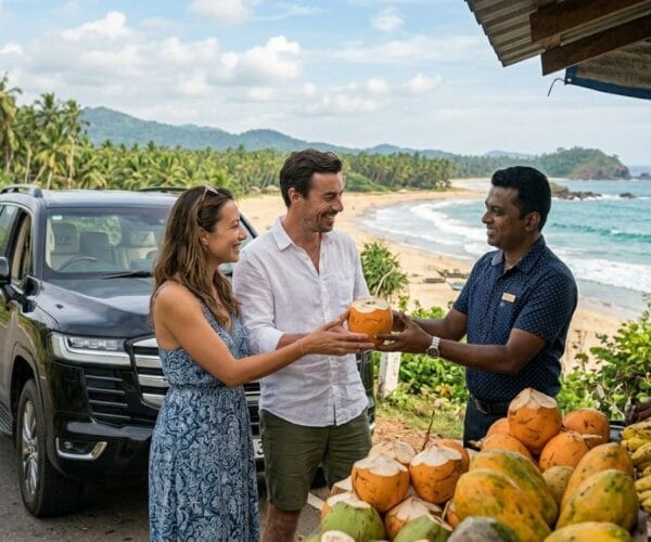 A Western couple and their Sri Lankan driver interact with a vendor while purchasing coconuts at a roadside stall.