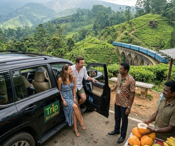 A smiling local driver presents a fresh king coconut to a couple at a colorful roadside fruit stall in the Sri Lanka tea country.