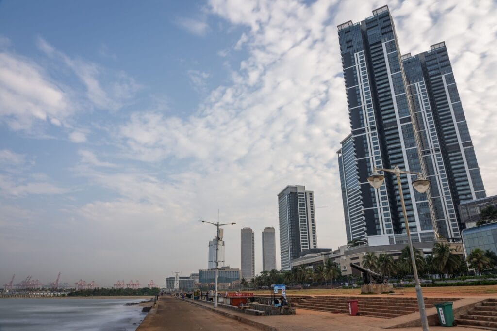 Sunset at Galle Face Green with the Colombo city skyline in Sri Lanka
