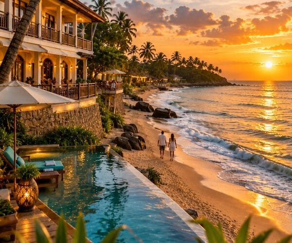 Winter sun holidays in Sri Lanka with tropical beach and palm trees